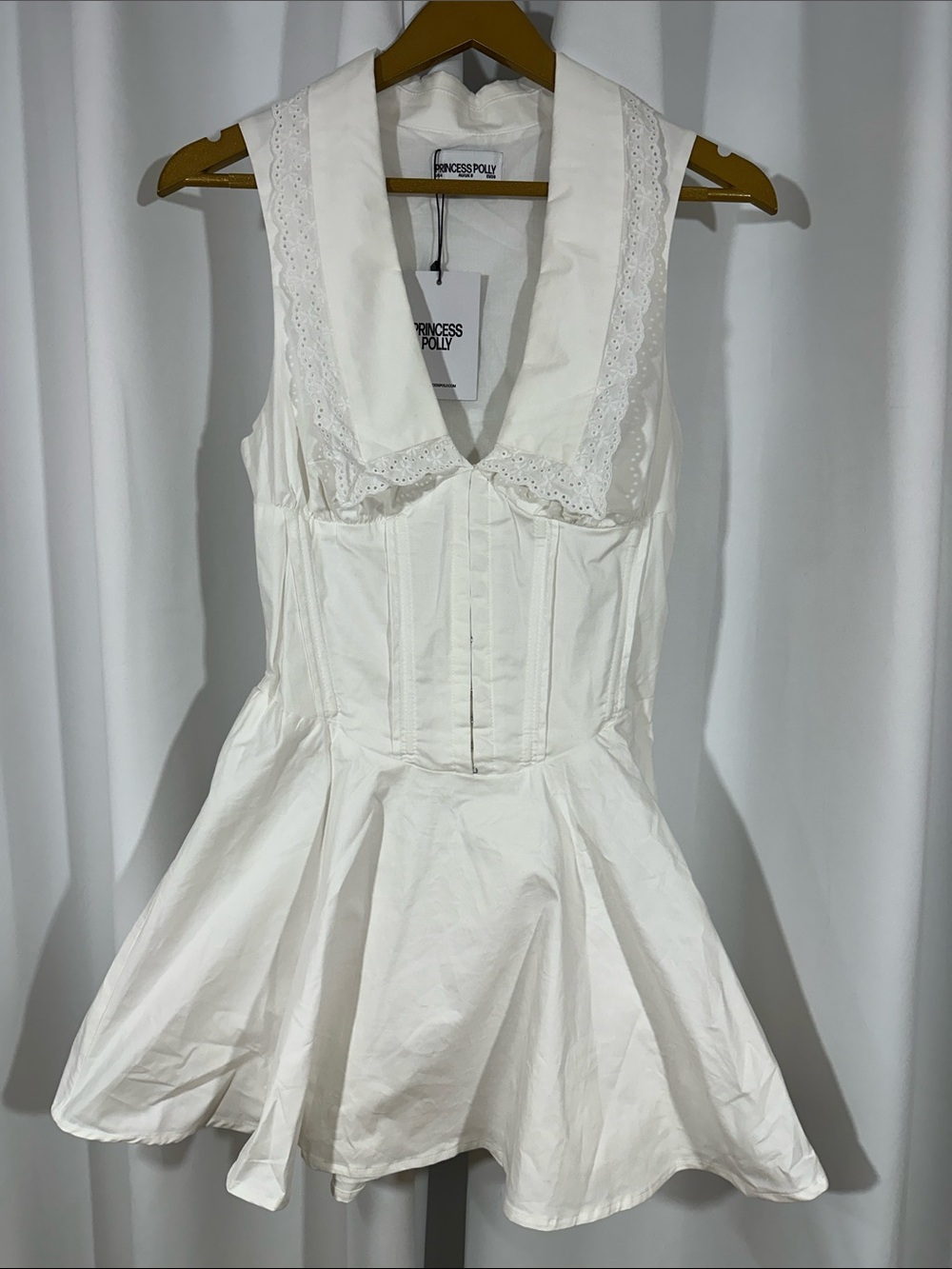NWT Princess Polly Haworth Mini Dress Size 4 White Corset Eyelet Collar